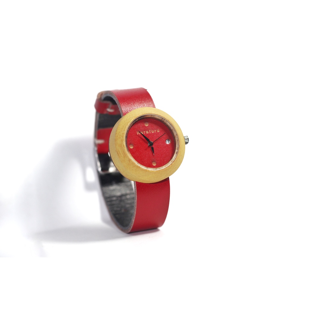 KARAFURU jam tangan kayu nangka date series pria / wanita / unisex strap kulit sapi merah