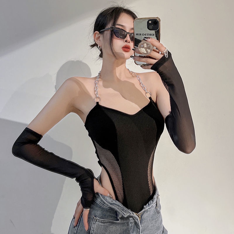 Red Rapcopter Eropa dan Amerika Sexy Mesh Chain Sling Bodysuit Wanita + Lengan Knit Slim Hot Girl Top Trendy