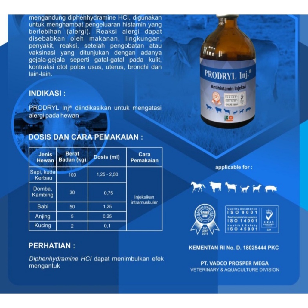 Obat Gatal PRODRYL Injeksi 100ml &amp; 50 mL | Obat Gatal Kambing Sapi Kelinci Kucing Anjing dll Antihistamin Anti Alergi | Mirip Vetadryl Sanbe | Untuk Sapi Kambing Kuda Anjing Kucing | VADCO | Apoternak