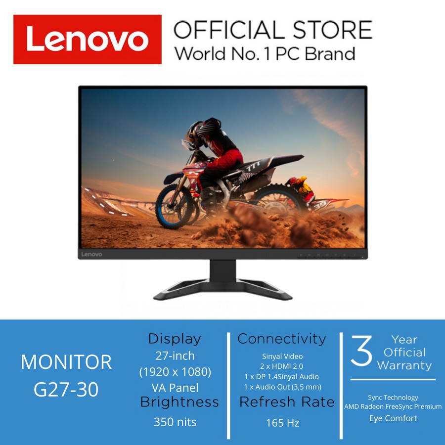 G27-30 27&quot; LED Monitor Gaming Lenovo FHD DP HDMI 165Hz 99%sRGB Garansi Resmi ORIGINAL 100%