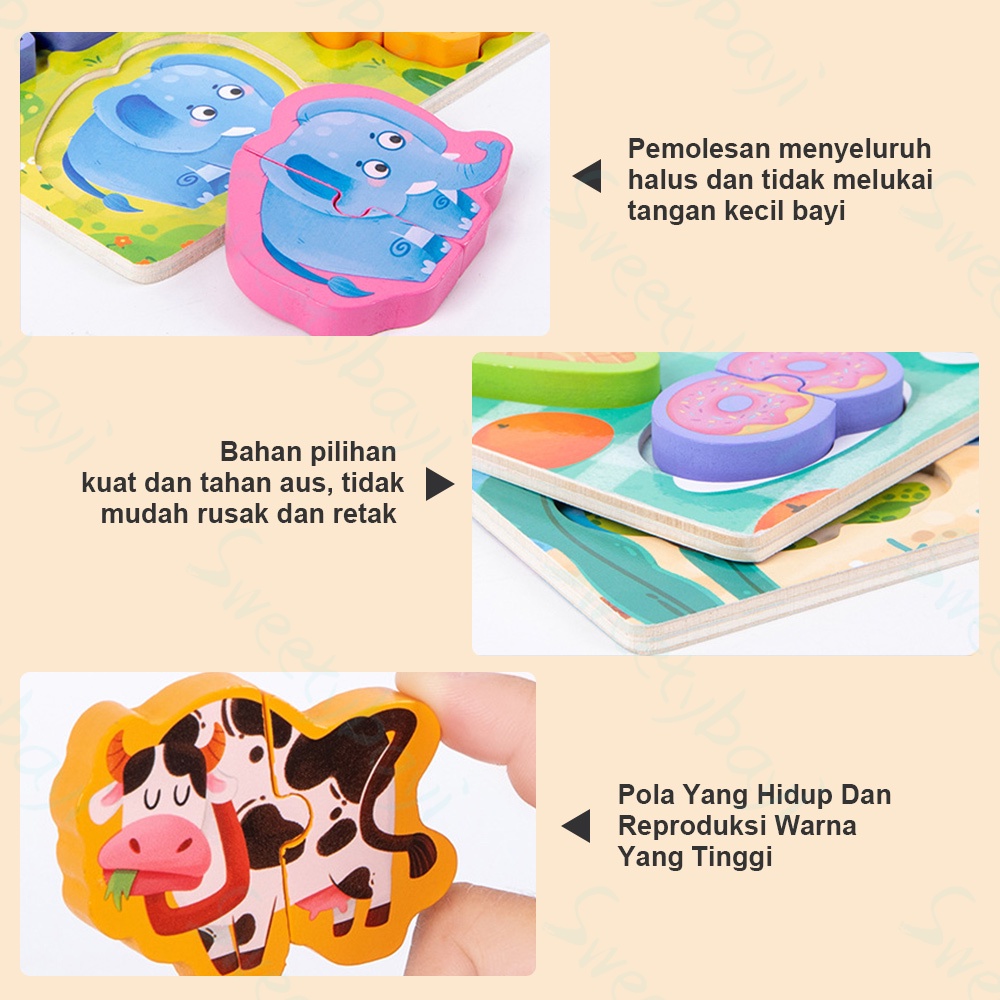 Sweetybayi 2in1 Puzzle kayu mainan edukasi Kartun Jigsaw Puzzle 3d wooden toys