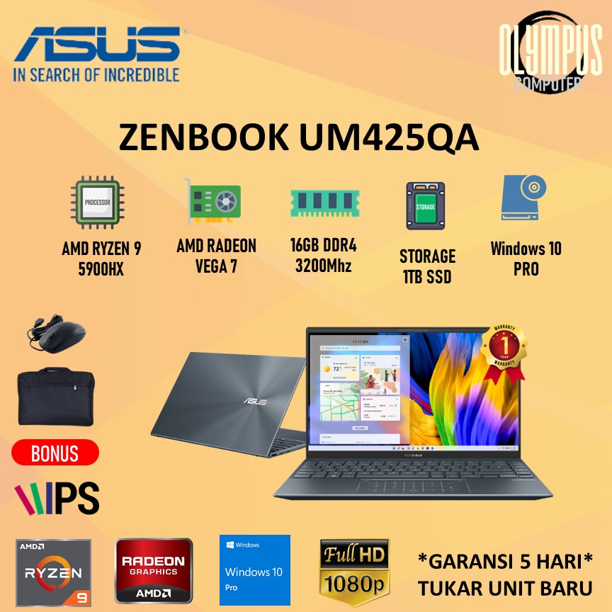 Laptop Asus Zenbook UM425QA Ryzen 9 5900HX 16GB 1TBSSD VEGA8 W10PRO IPS