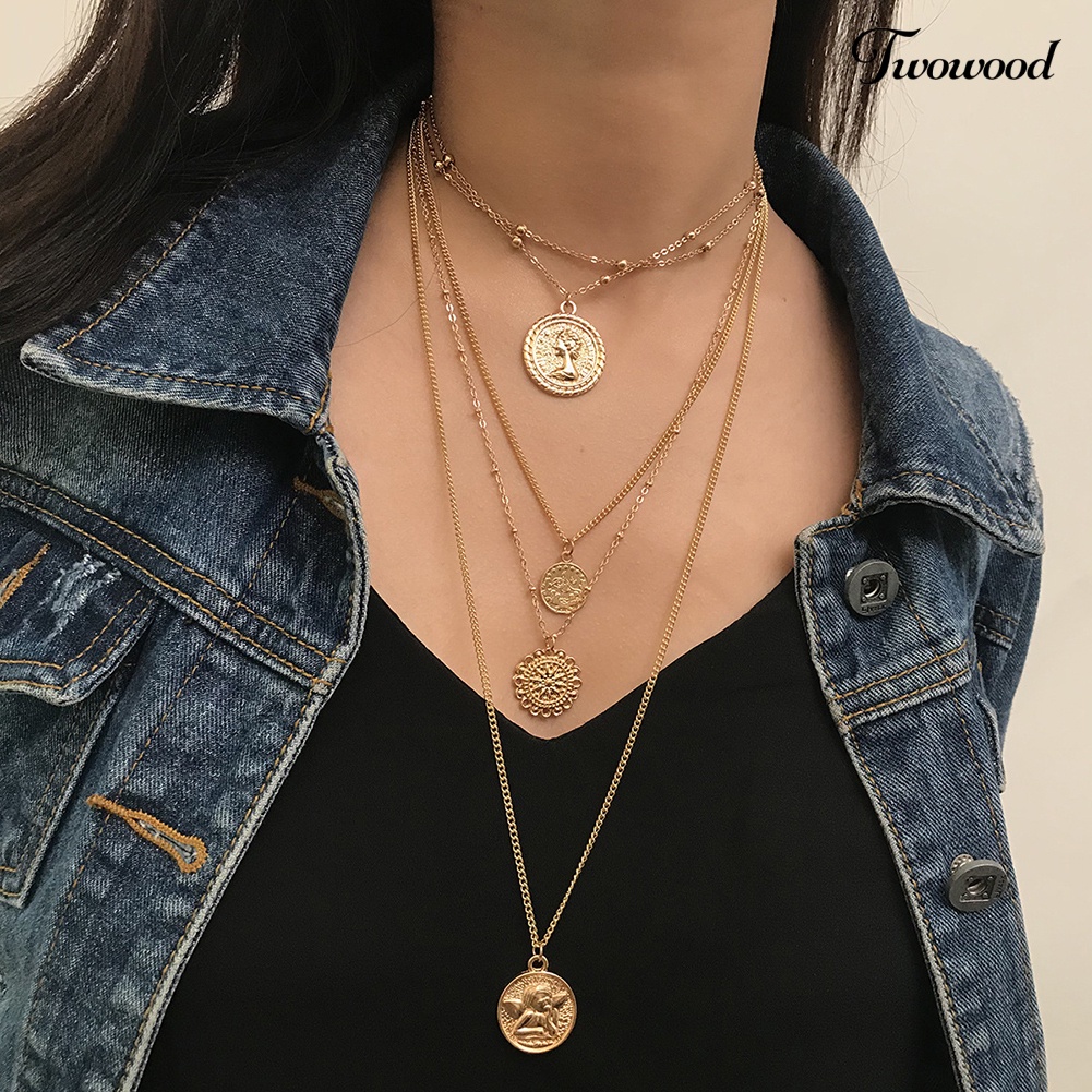 Kalung Rantai Multilayer Bahan Alloy Gaya Vintage Untuk Wanita