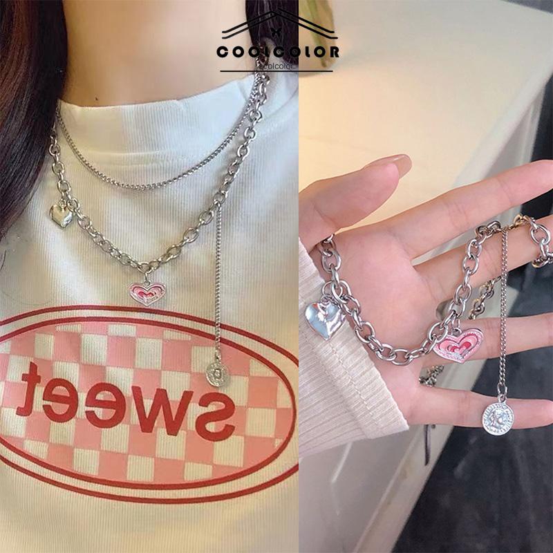 COD❤️Kalung Korea Cinta Rantai Klavikula Kepribadian Hip Hop Bertumpuk Lapisan Ganda Wanita Hip Hop Anti Karat Dan Luntur Mewah Multi-layer Retro Murah Import