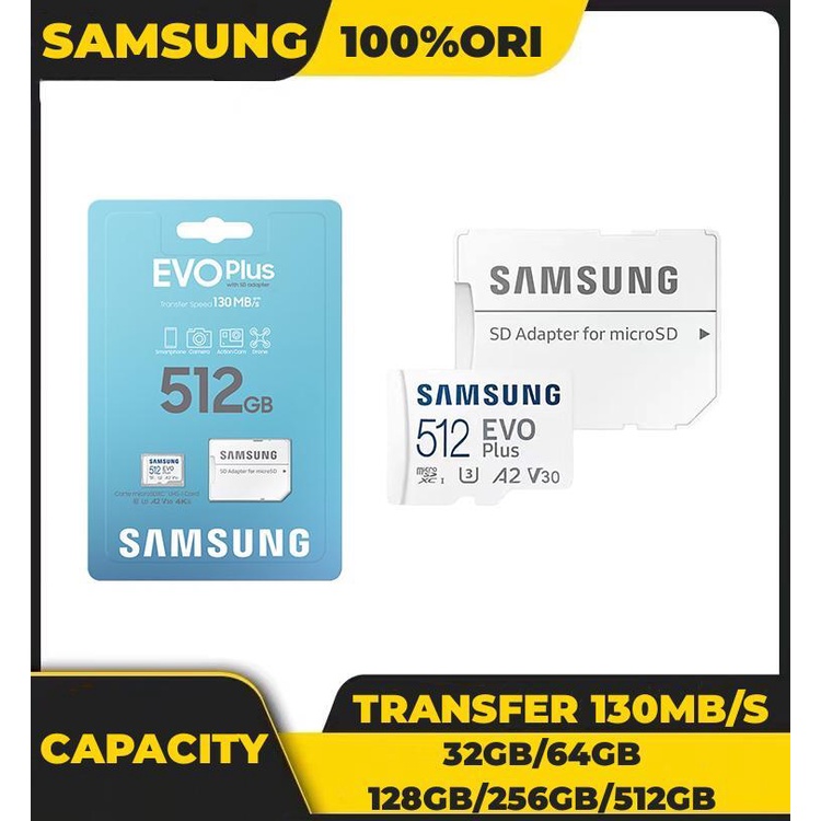 Samsung Memory Card EVO PLUS MicroSDXC  Micro SD Card UHS-I Card Class 10 U3 4K Kartu Memori 32GB/64GB/128GB/256GB/512GB Transfer higga 130MB/S