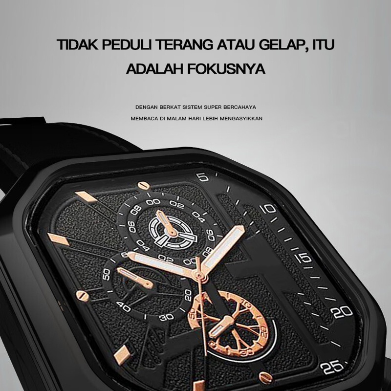 FNGEEN 6577 Jam Tangan Pria Multifungsi Chronograph Square Kulit Quartz Original Tahan Air Watch