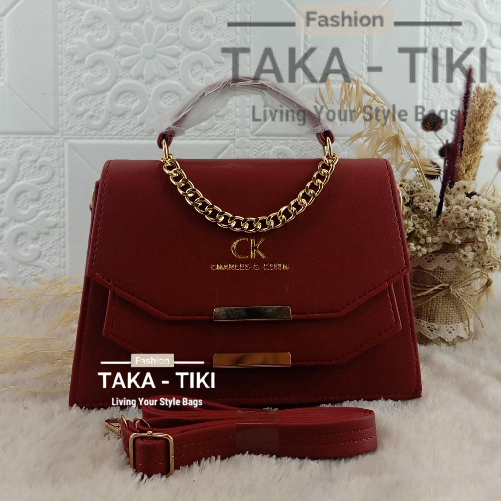 Bayar DiTempat - Tas Selempang Sling Bags CK Wanita Behel TWIN TERBARU Full Acc Import Mewah (Merah)