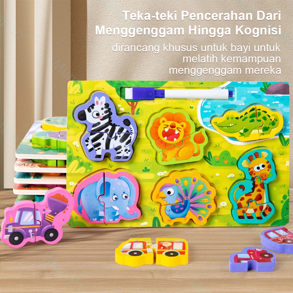 Mumystation 2 in 1 wooden puzzle kayu drawing board ada pen/ jigsaw puzzle hewan Pencocokan Puzzle