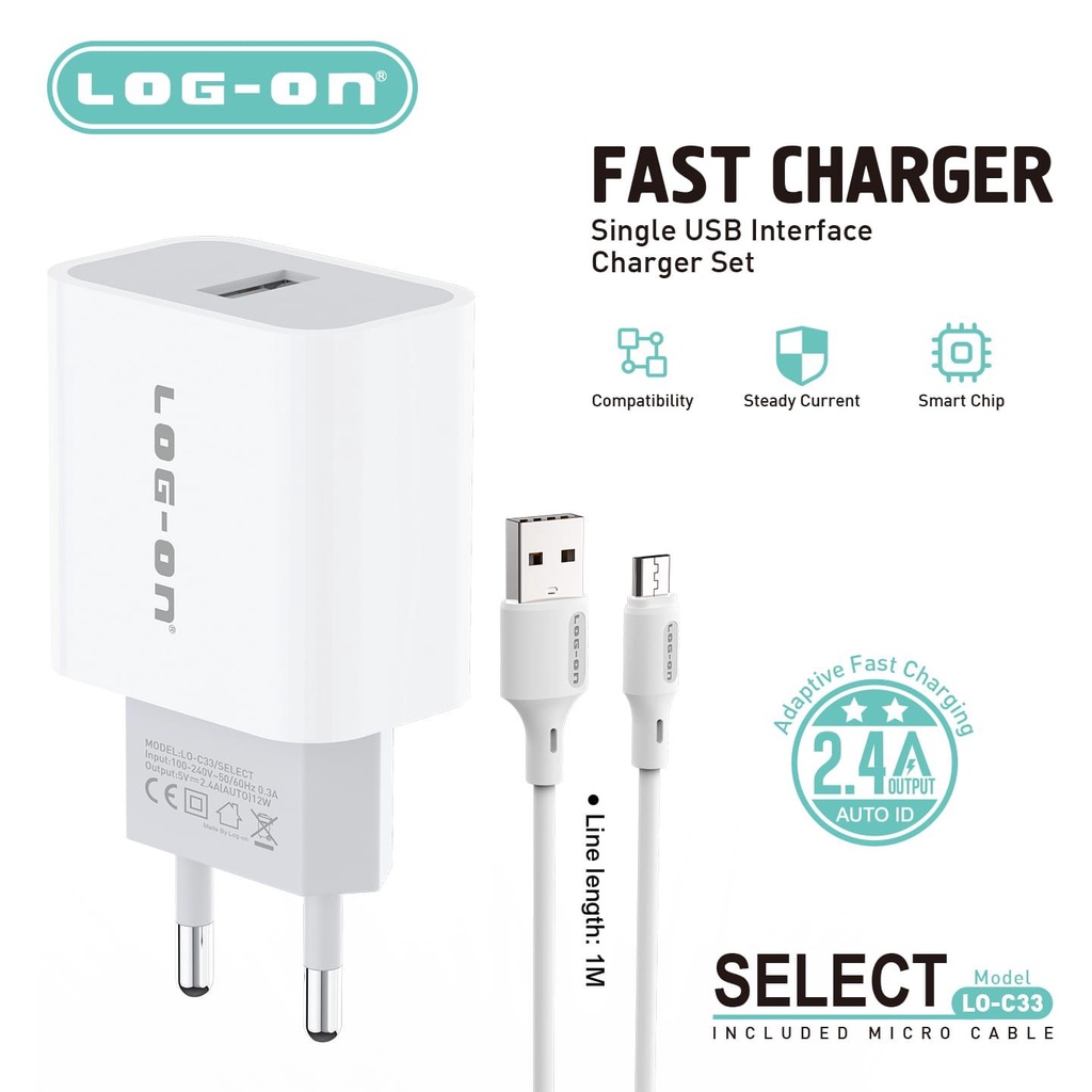FAST CHARGER MICRO USB LOG-ON LO-C33 AUTO ID 2.4A 12 WATT
