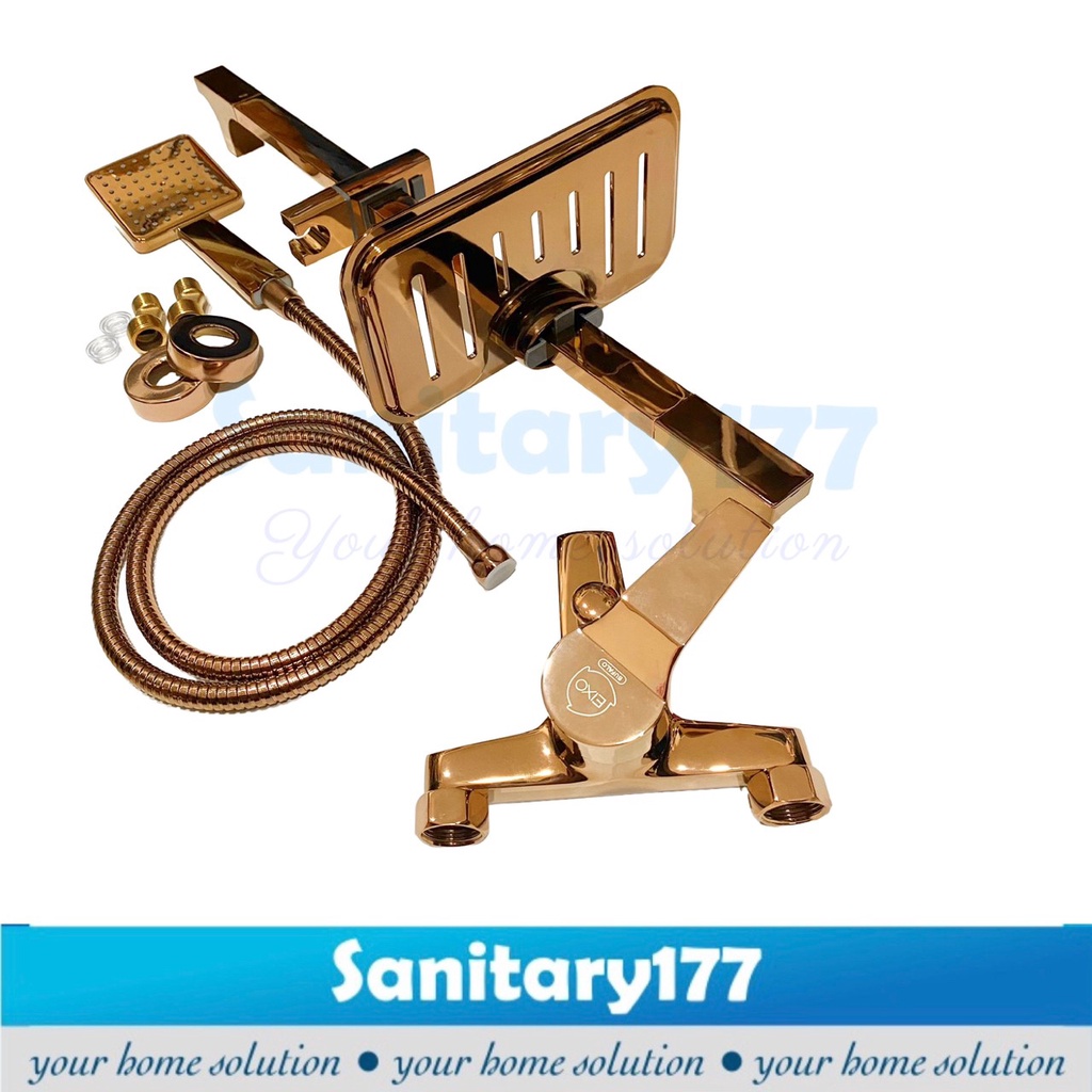 Paket Shower tiang + Kran Bathtub Panas Dingin stainless kuningan rose gold set -keran air hot cold mixer rosegold minimalis sower bar kotak segiempat brass