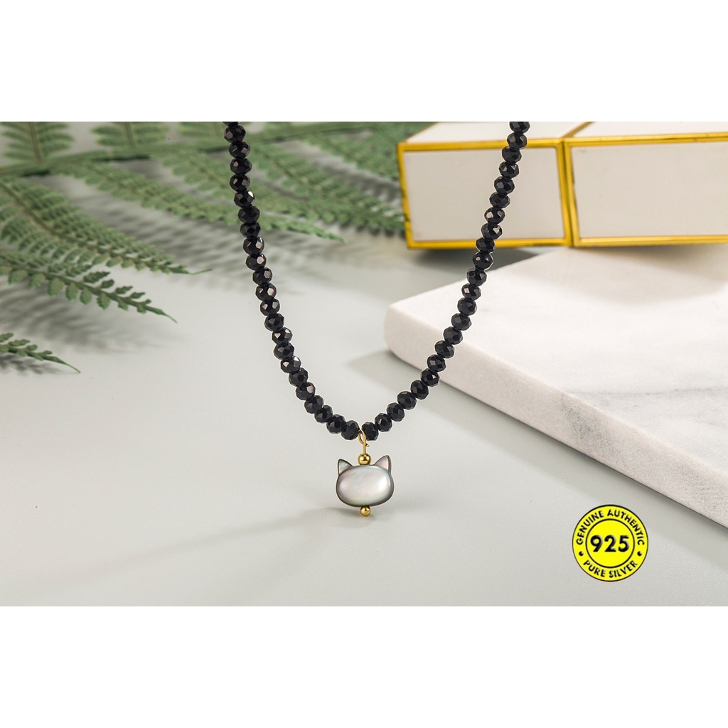 Kalung Rantai Panjang Liontin Kucing + Kerang Lucu Warna Hitam Untuk Wanita U1385