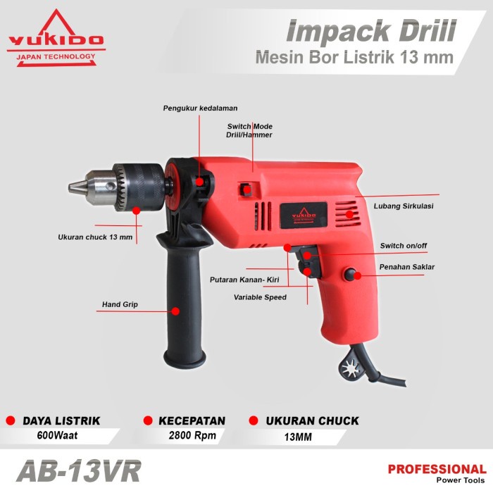 Yukido Japan Technology Mesin Bor Beton Tembok 13 mm Impact Drill