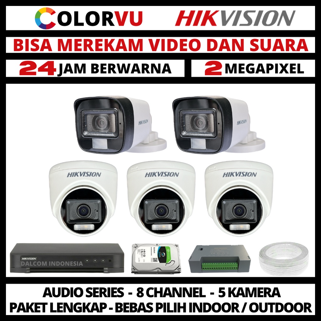 PAKET CCTV COLORVU HIKVISION 2MP 8 CHANNEL 5 KAMERA