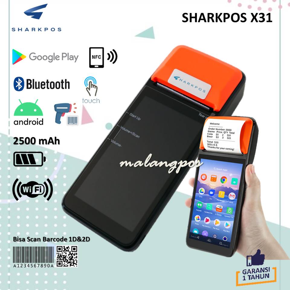 SHARKPOS SMART POS MOBILE SHARKPOS X31 X 31 ANDROID THERMAL SCANNER PRINTER 58MM
