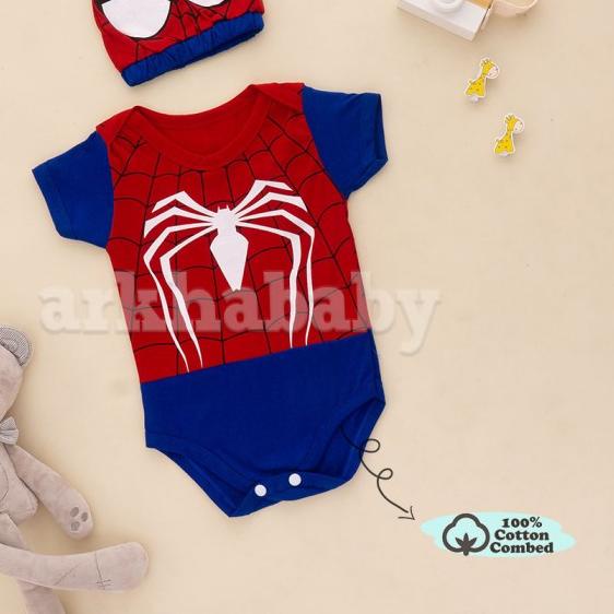 Jumper bayi spiderman FREE TOPI - Biru -Merah, 6-11 Kg