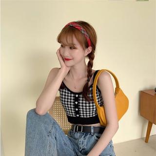 TJM BJ337 TankTop Crop Wanita Motif Kotak - Kotak Korean Square Knit Tanktop Fashion Tanpa Lengan