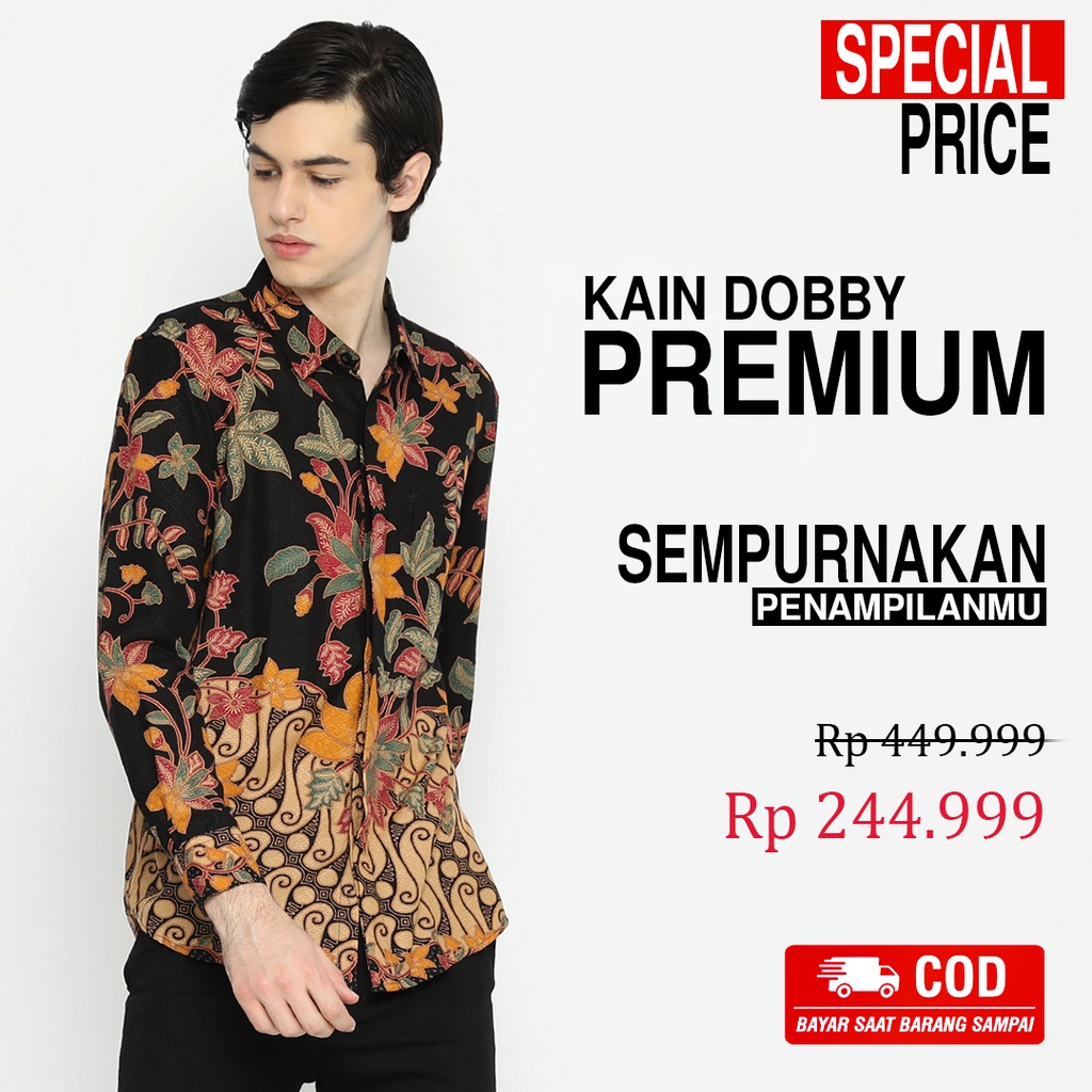 BATIK PRIA LENGAN PANJANG Kemeja Slimfit Premium Dobby Dobi Dobbi Parang Merah Kuning Hitam 723897 Cap 72 - Baju Kemeja Atasan Pakaian Setelan Batik Pria Cowok Laki Laki Remaja Keluarga Kantor Lengan Panjang Modern Slimfit Slim Fit Premium Kekinian