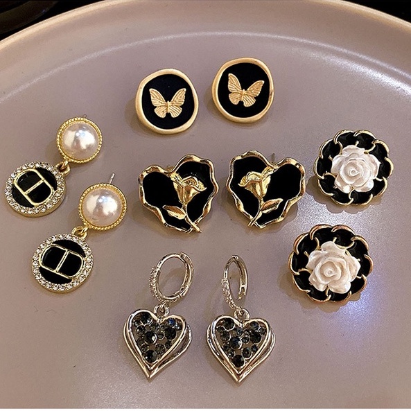 5pcs / Set Anting Stud 925 Silver Hias Mutiara Warna Hitam Gaya Retro Perancis Untuk Wanita