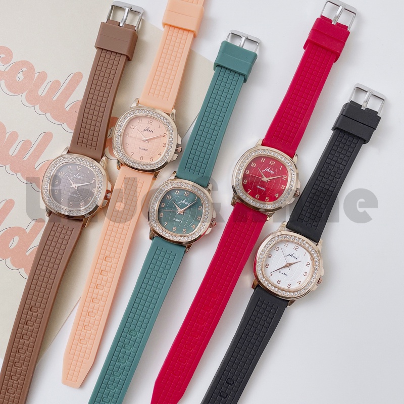 Jam Tangan Wanita Jhui Retro Casual Analog Aksen Berlian Imitasi Strap Silikon