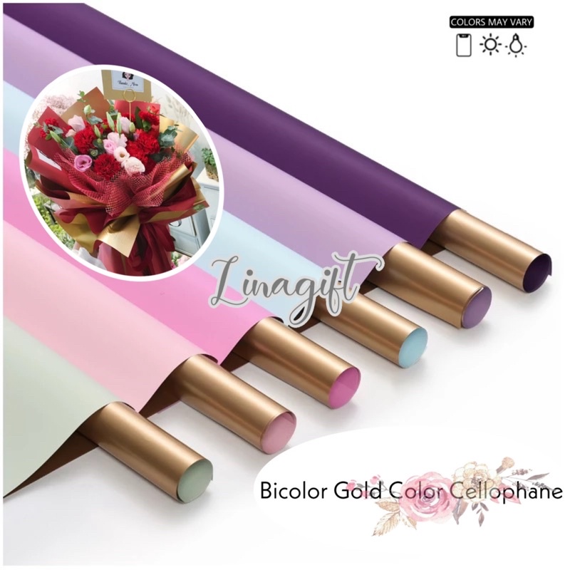 ( 5 Lembar ) BICOLOR GOLD COLOR - FLOWER WRAPPING PAPER BI COLOR EMAS GOLD BORDER LIST KOREAN CELLOPHANE PLASTIC/ KERTAS BUNGA FLORIST