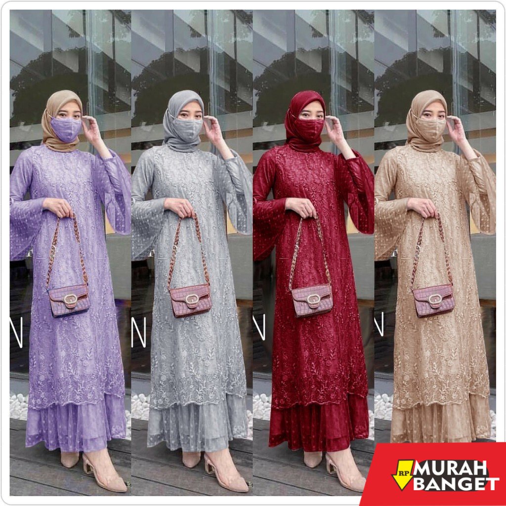model gamis kombinasi polos terbaru 2022 BISA COD GAMIS RIRIN TULLE GAMIS BRUKAT SIZE M L XL XXL DRE