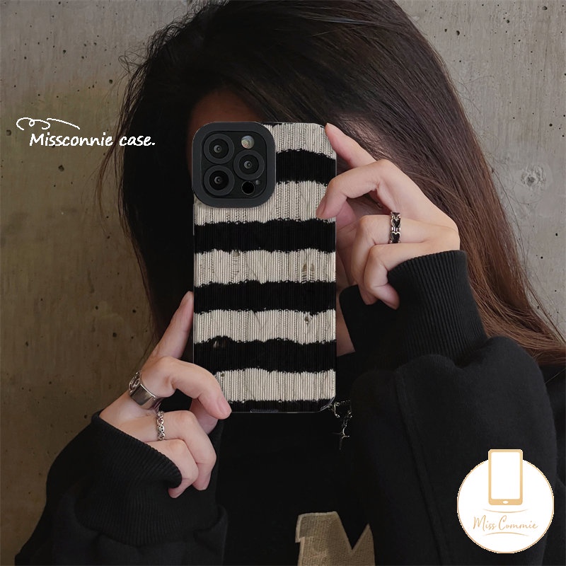 Soft Case Silikon Tekstur Kulit Garis Hitam Putih Tahan Banting Untuk iPhone 7Plus 8Plus 11 14 13 12 Pro Max XR X XS Max 7 8 Plus