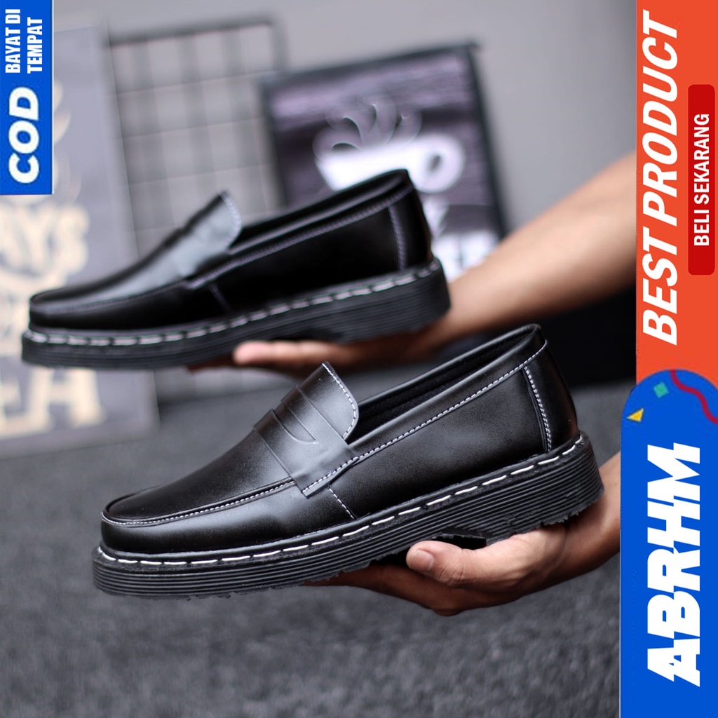 Sepatu Loafers Docmart Formal Pantofel Kerja Pria Hitam Abrhm Dominic