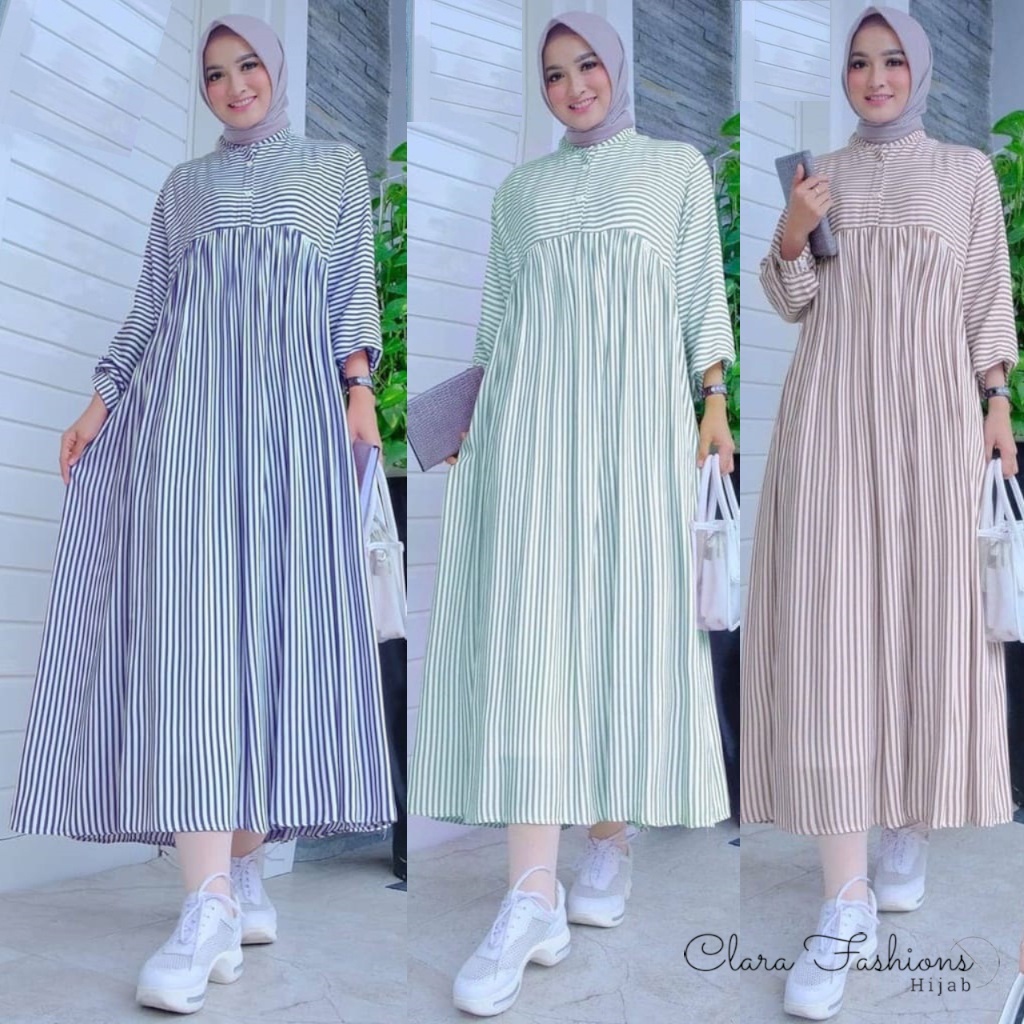 Dress Kondangan Motif Salur Bahan Katun Salur Busui Friendly Gamis Bumil LD 102 PT 54 PB 120 Baju Wa