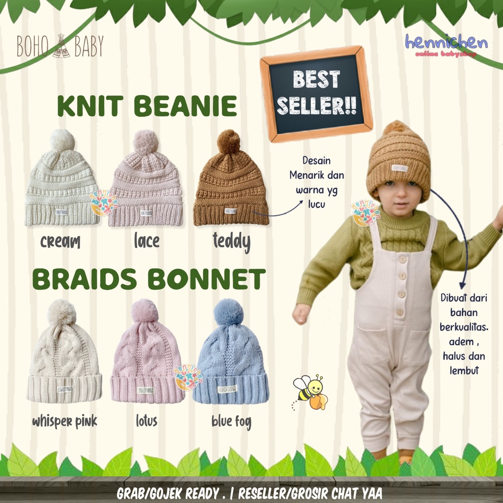 BOHOPANNA BOHO BABY BOHOBABY KNIT BEANIE HAT KID / BRAIDS BONNET KUPLUK ANAK TOPI ANAK BAHAN RAJUT