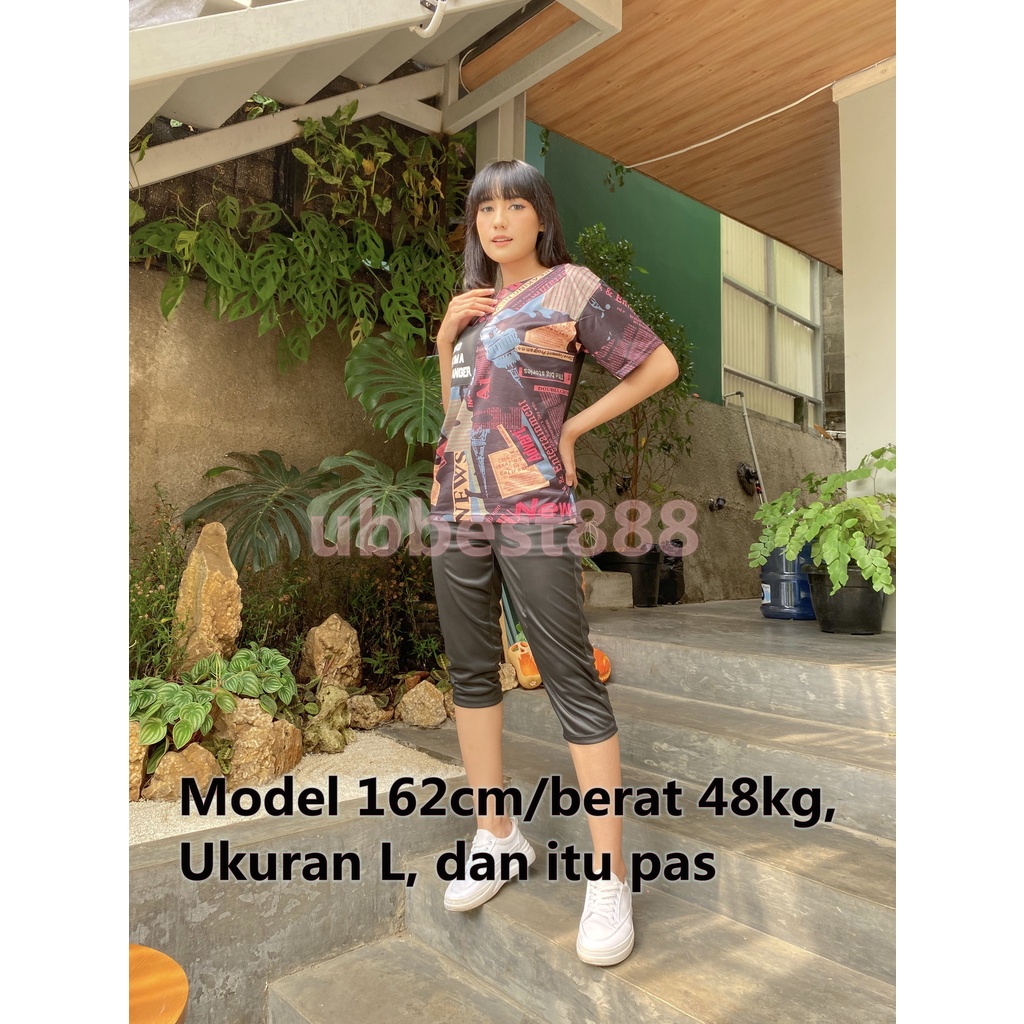 Stok bersih!【Bisa COD】Baju Kaos Dan Celana Setelan Wanita L-5XL Fashion Bunga Longgar Lengan Pendek T-Shirt Kaos+ 3/4 Celana Panjang Katun Women Set