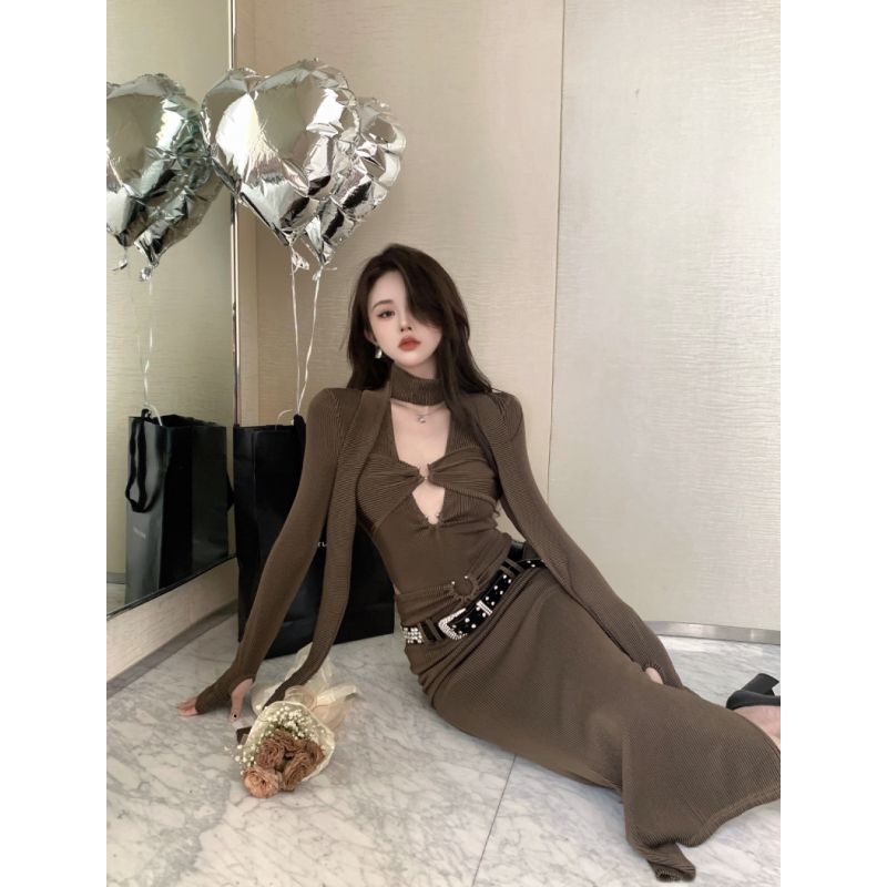 Suhao One/Two-Piece Set Spice Girls Rajutan One-Piece Penutup Atas Pinggul Rok Panjang Wanita High-End Rasa Fashion Pakaian Wanita Musim Gugur