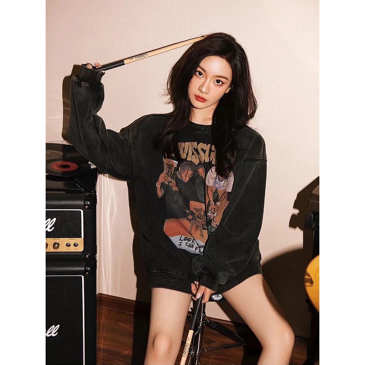 American Vintage Sweater Wanita Casual Import Top Kekinian Oversize Couple Hitam Sweater