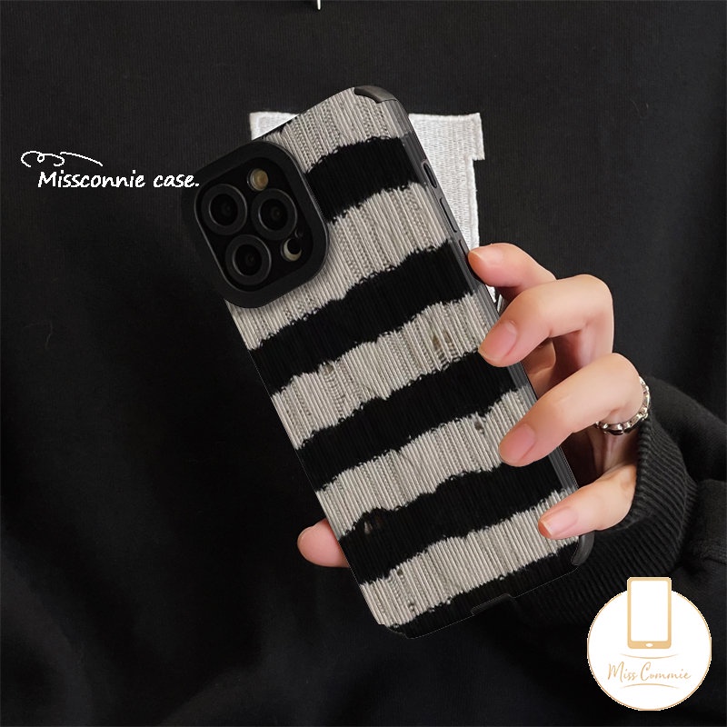 Soft Case Silikon Tekstur Kulit Garis Hitam Putih Tahan Banting Untuk iPhone 7Plus 8Plus 11 14 13 12 Pro Max XR X XS Max 7 8 Plus