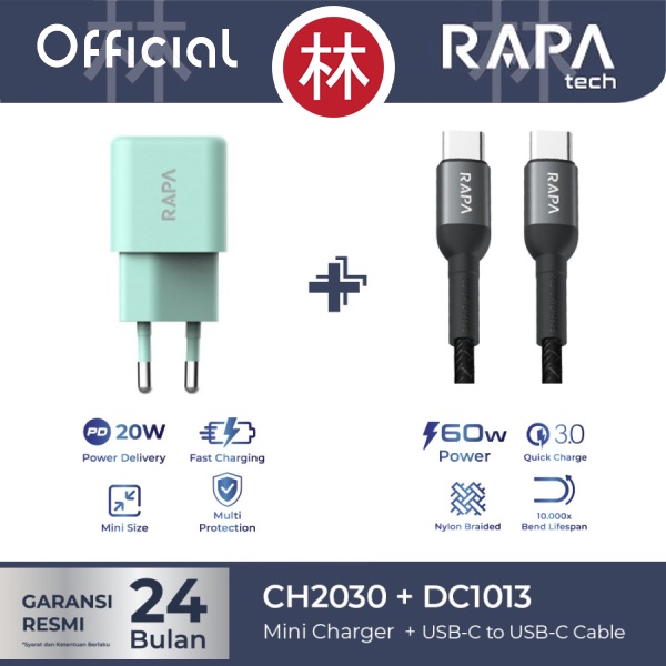 RAPAtech CH2030 &amp; DC1013 - PD20W Charger 20W &amp; USB-C to USB-C Cable QC