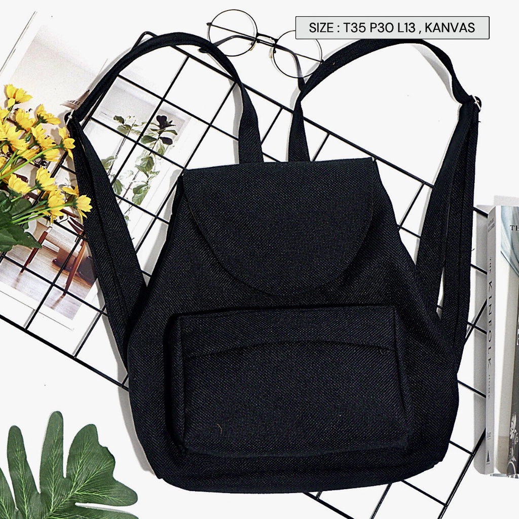 Bayar di Tempat COD Tas Ransel Serut Bahan Kanvas KANTONG Depan Ukuran Medium tas punggung wanita-Warna 707