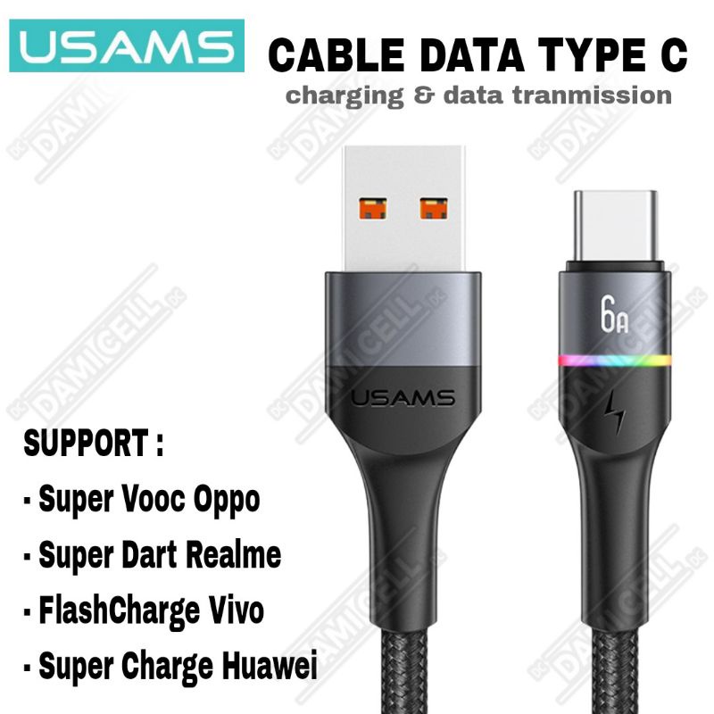 Kabel Data USAMS U76 Type-C 6A SUPER VOOC oppo, SUPER DART realme, FLASH CHARGE vivo.
