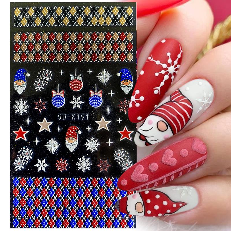 Stiker Kuku Motif Hati Merah Snowflake Santa Claus Natal 5D Untuk Dekorasi Nail Art