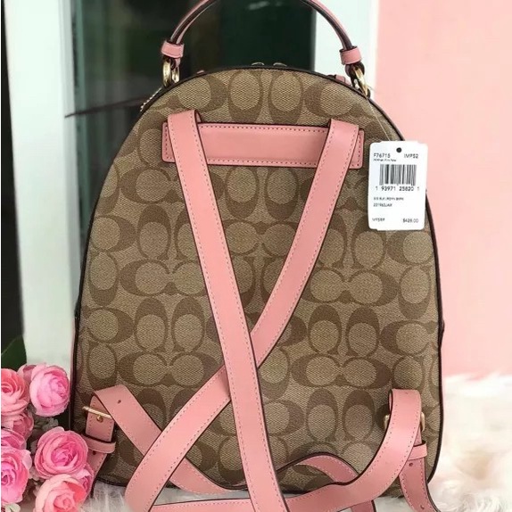 Backpack Coach Jordyn Zip in Khaki Blocked Signature Canvas With Pink