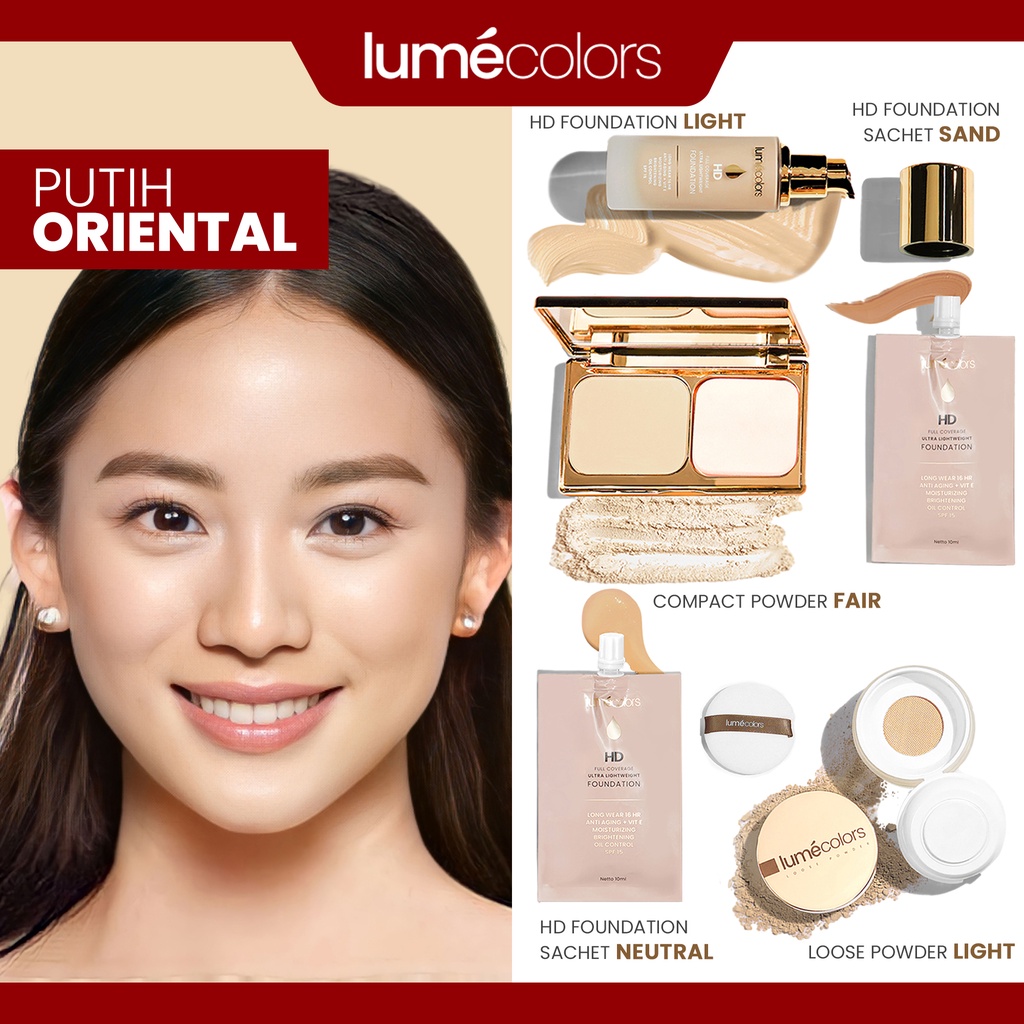 (Free Emas 24K) Lumecolors Paket Bundling Lengkap 5in1 Perfect Complexion Foundation + Compact Powder + Loose Powder + 2x Sachet untuk 5 tone wajah kulit BPOM Tahan Lama