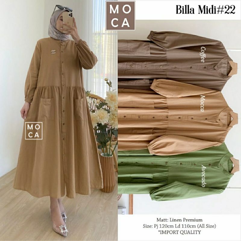 Billa Midi #22, MIDIDRESS POLOS SUPER CANTIK FIT XL LD 120 BAHAN LINEN PREMIUM KANCING AKTIF TERMURAH OOTD