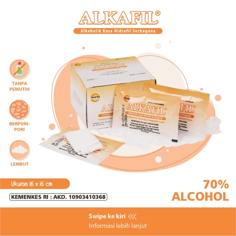 ALKAFIL Alkoholik Kasa Hidrofil / Kasa Tali Pusar Bayi / Alcohol Swab / Alkohol Swab - Isi 16 Lembar