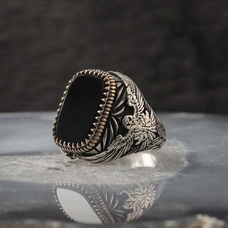 Cincin Batu Akik Hitam Steel Desain Elang Silver Gold | Untuk Pria Wanita