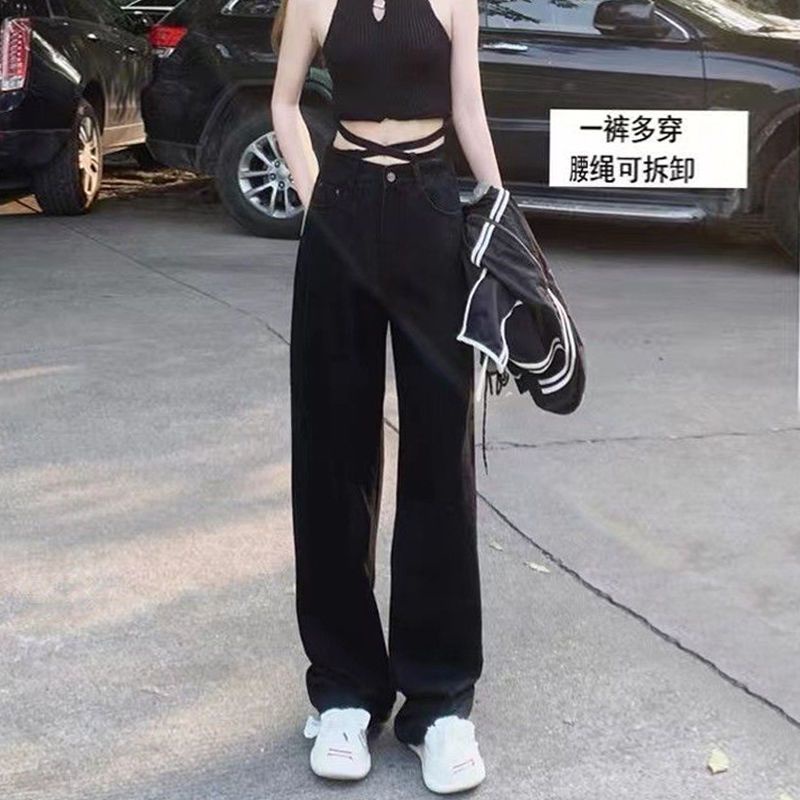 Suhao ukuran besar versi Korea dari perasaan musim gugur pinggang tinggi tali lurus celana panjang musim gugur high street longgar celana jeans lebar kaki hitam fashion wanita