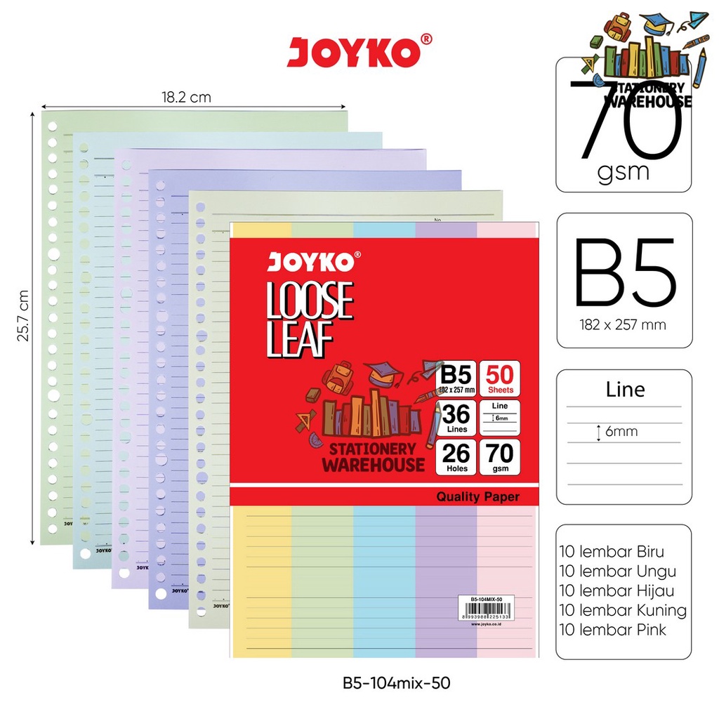 

Loose Leaf Color Isi Kertas File Binder Warna Joyko B5 50 lembar B5-102CO-50