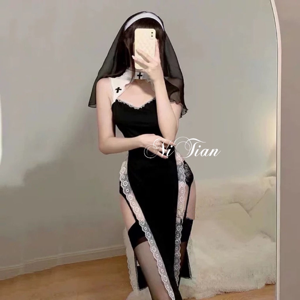 Anda manis: Sexy cross-dressing cos biarawati seragam gaun renda celah tinggi berongga gaun jangkar backless