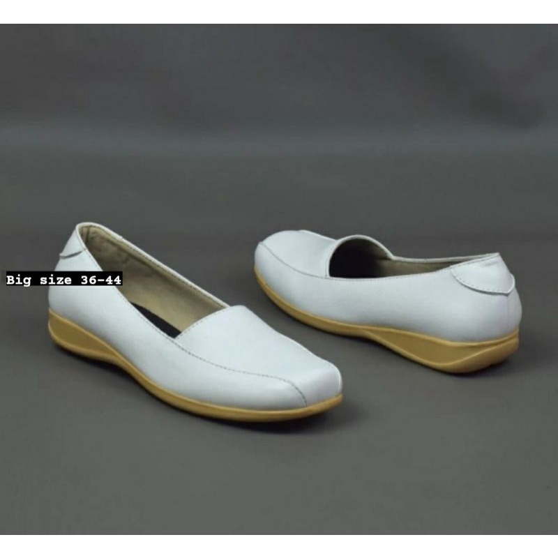 Original Sepatu Flat Mules Wanita Kulit MK.Putih Big Size 36-44 Flatshoes Suster Stikes Perawat Size JUMBO Pantofel Putih Kerja Dokter Kaki Jumbo Gemuk, 41