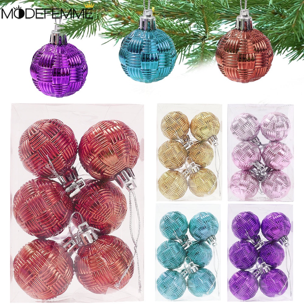 6 Pcs/Kotak Anyaman Pola Bola Natal Xmas Pohon Liontin Dekorasi DIY Decor Perlengkapan Pesta Glitter Hiasan Gantung Indah Dicat Bola Natal Xmas Dekorasi Rumah