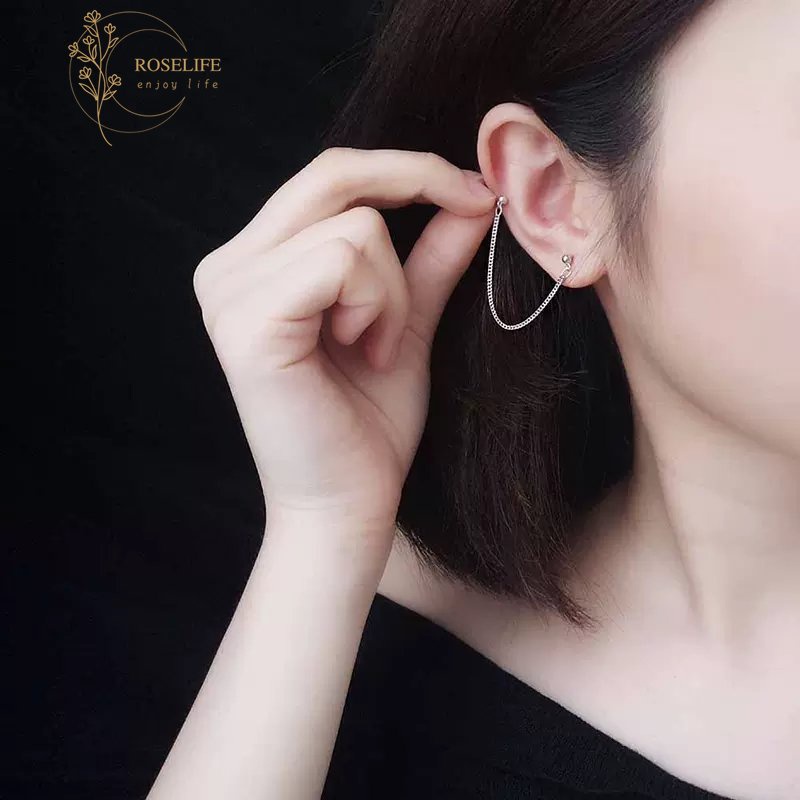 Roselife 1PC Anting Tusuk Gantung Rantai Rumbai Bola Silver Lubang Ganda Untuk Pria / Wanita