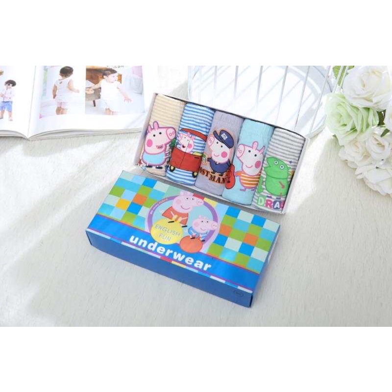 SET Celana Dalam Anak Bahan Katun Import Premium isi 5 pcs Free Box Lucu Gambar PeppaPig Biru Celana Dalam Anak Laki laki Murah Kolor Anak Bahan Katun