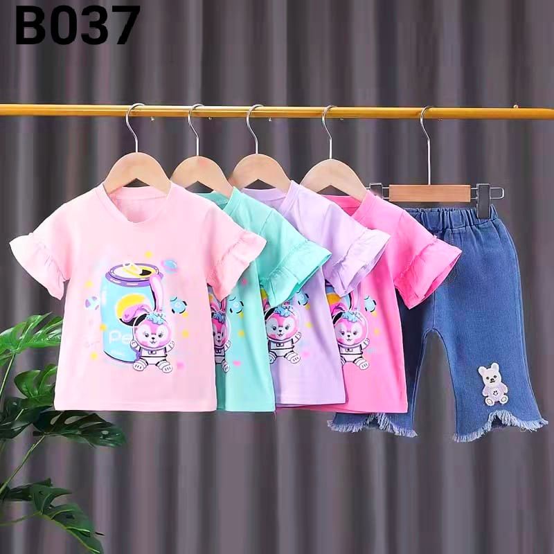 Setelan anak perempuan atasan jins cherry import 1-5 tahun/ Baju Setelan kaos celana Jeans cutbray anak cewek tanggung